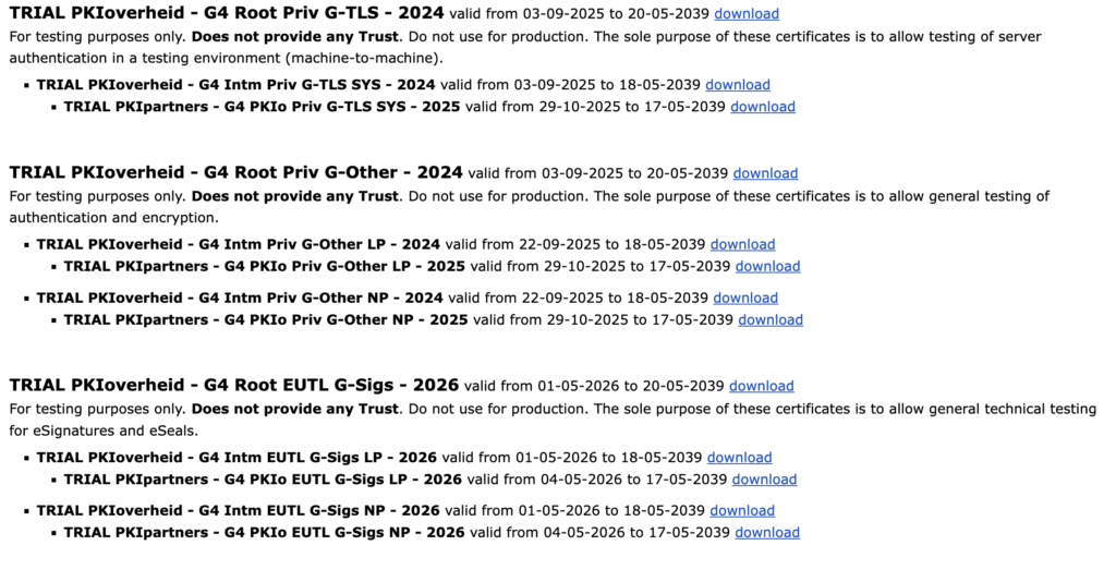 PKIoverheid G4 Staat der Nederlanden TRIAL TEST certificaten